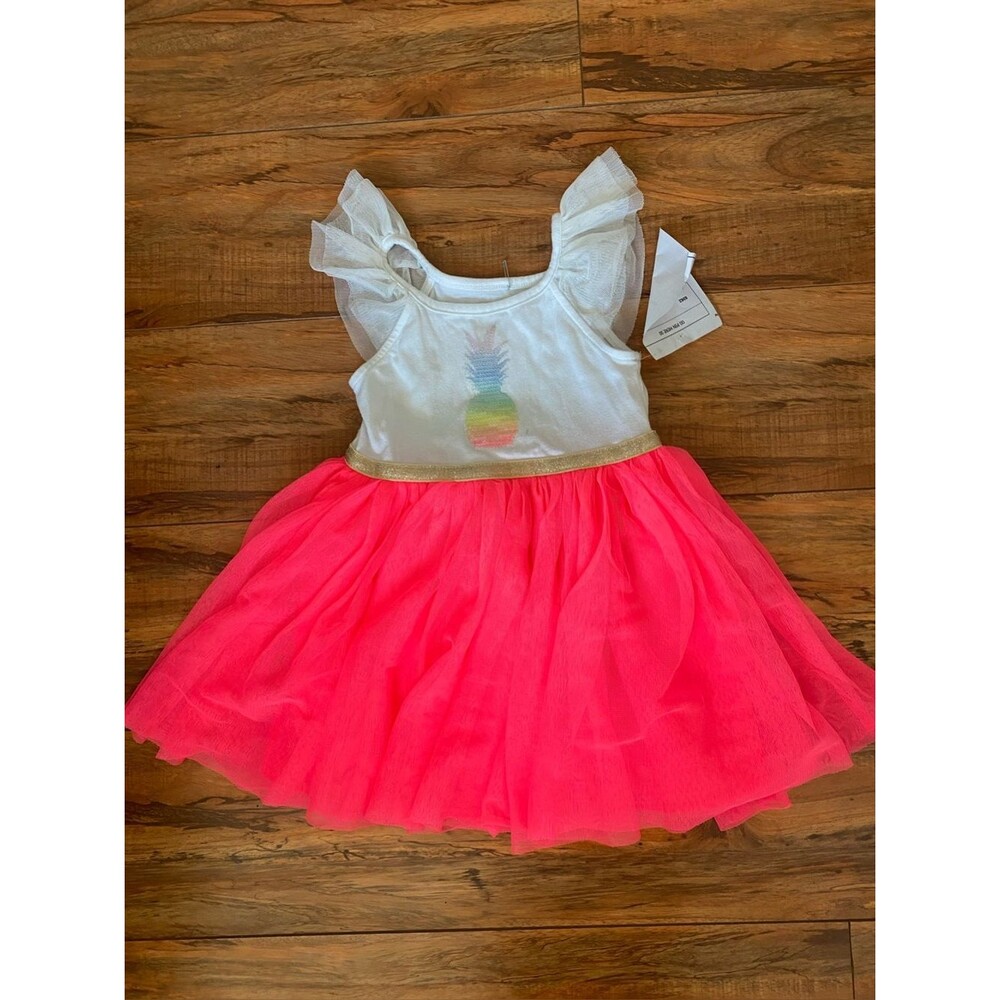 Cat & Jack White Top Pink Tulle Skirt Pineapple Dress with Gold Waistband 2T